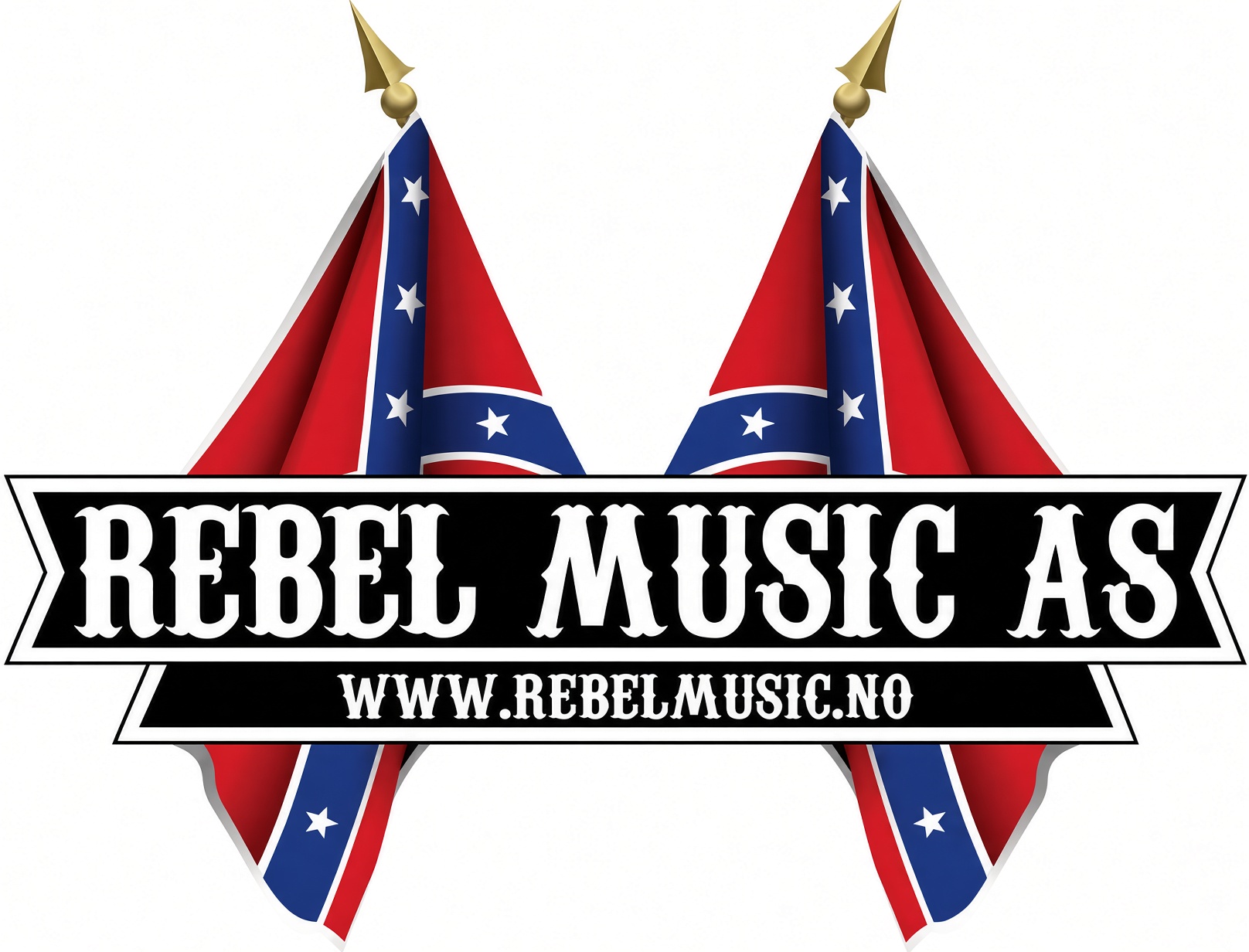 Historisk Rebel Music AS-logo med flagg og www.rebelmusic.no